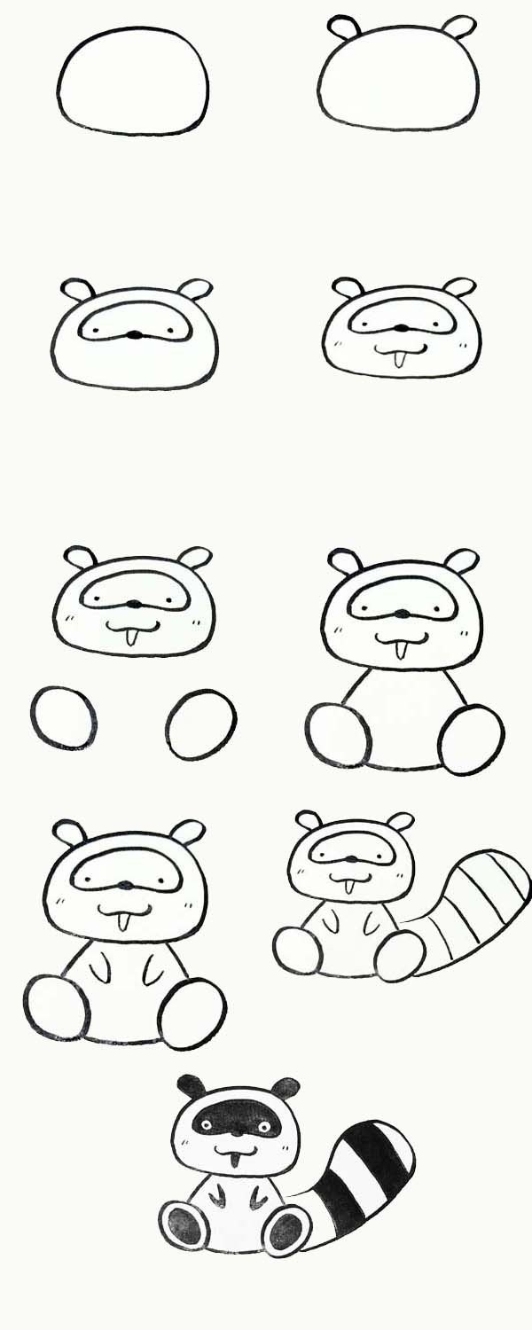 Simple drawing tutorial, step by step drawing of raccoon