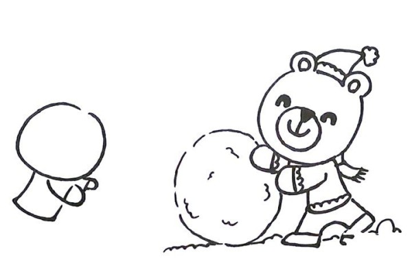 A simple drawing of a bear and a bunny rolling a ball