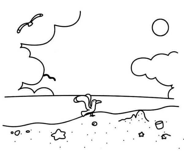 Simple drawing of scenery, simple drawing of seaside and beach scenery