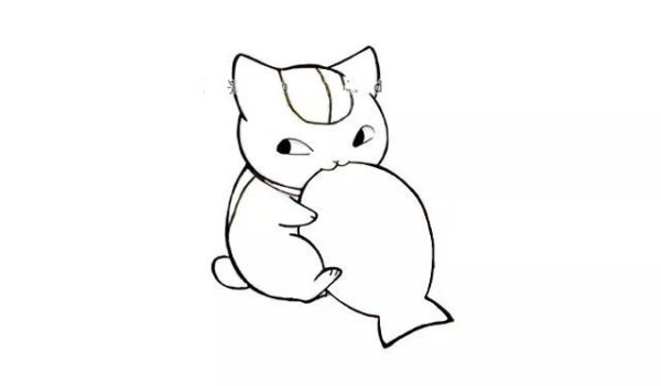 Draw a simple drawing of a kitten eating fish