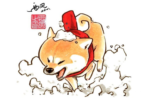 A set of simple drawing pictures of festive little dogs in winter red scarves in the New Year