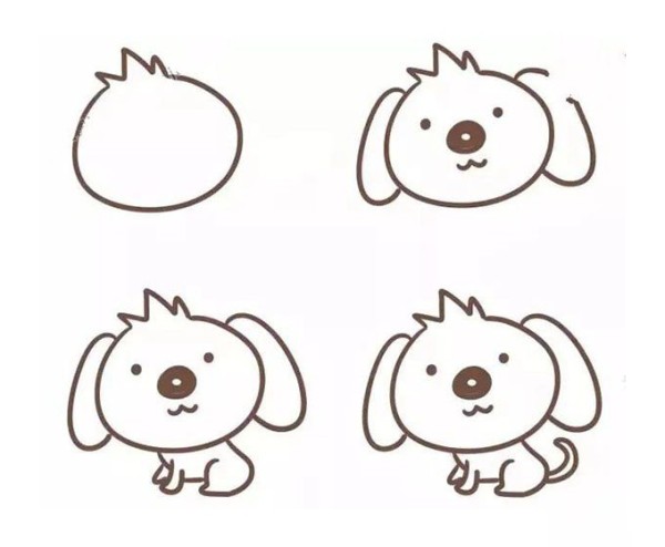 Step-by-step drawing of 4 kinds of puppies in simple strokes