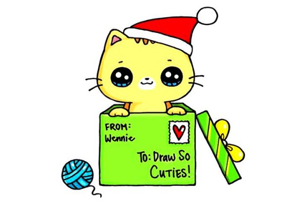 How to draw a Christmas gift kitten