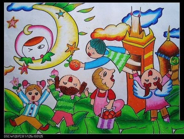 Mid-Autumn Festival themed childrens painting - I am friends with the moon