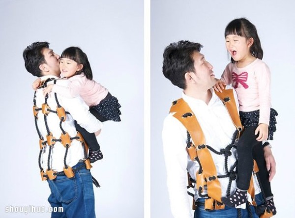 Wearable climbing vest makes dad a big toy for his child! 