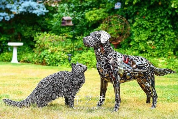 Reusing scrap metal such as bolts to make life-size animal sculptures