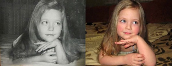 Photos of mother and daughter taken in 1980 and 2014 respectively