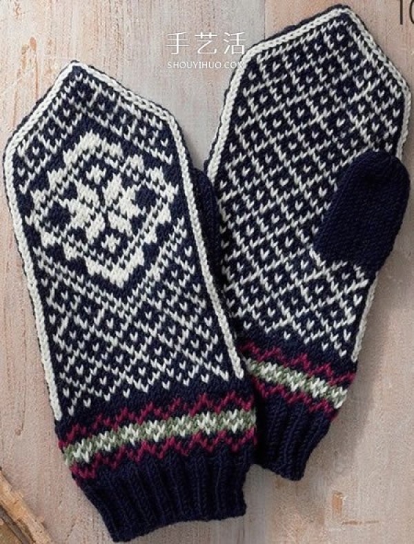 Illustration of knitting mittens with beautiful patterns using wool