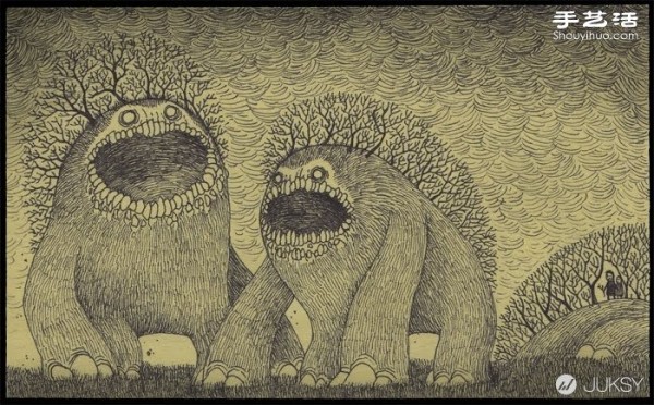 The spooky monster doodles drawn by Don Kenn on sticky notes