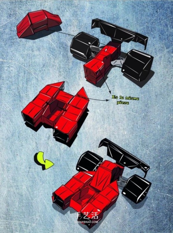 Illustration of the origami method of the formula racing car. The work looks very realistic! 