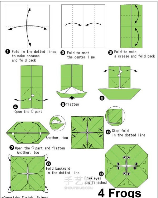 Super simple summer origami! Use only a piece of paper to fold out 4 small frogs