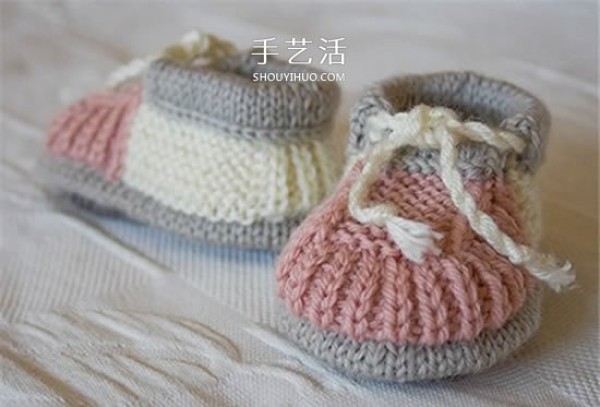 Elegant knitting illustrations of baby shoes warmly protect the babys feet