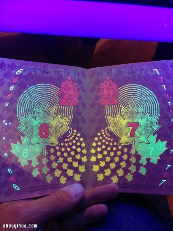 The super gorgeous picture of Canadian passport after being illuminated by ultraviolet light