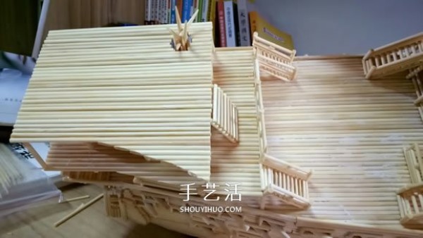 The ancient warship model is hand-made with disposable chopsticks