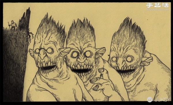 The spooky monster doodles drawn by Don Kenn on sticky notes