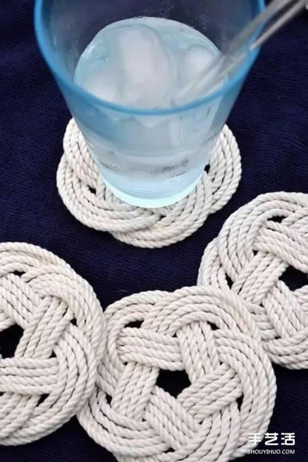 How to use hemp rope to make coaster tutorial, homemade hemp rope coaster method illustration