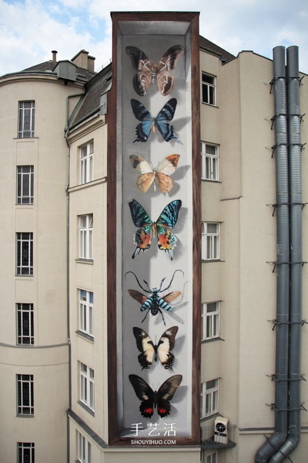 Giant wall graffiti turned the entire apartment wall into butterfly specimens