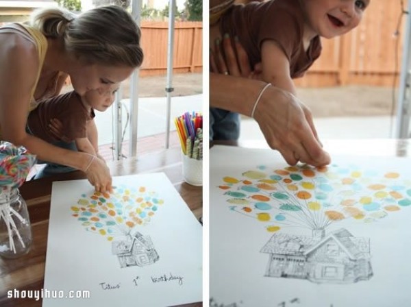 DIY parent-child fingerprint painting: a small house carried to the sky by a balloon