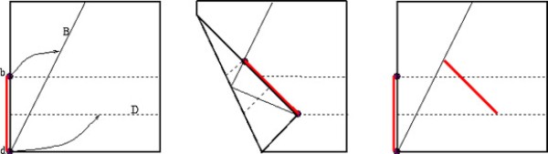 Illustration of how to divide an angle into three equal parts in origami