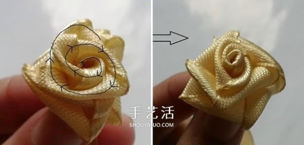 Illustration on how to fold a rose on a ribbon and DIY a nice-looking rose ring