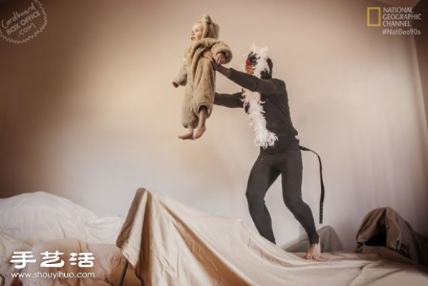 The role-playing time of a family of three in a homemade movie scene from a cardboard box