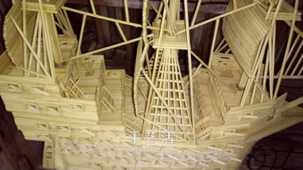 The ancient warship model is hand-made with disposable chopsticks