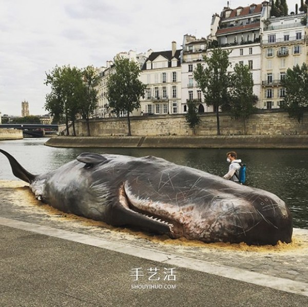 Shocking installation art! Sperm whale "stranded" on the banks of the Seine