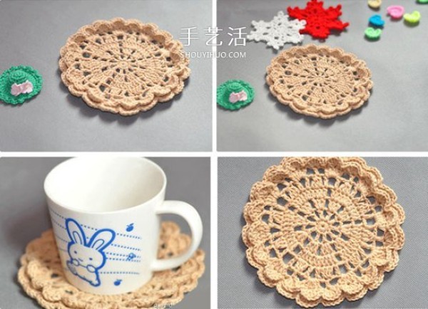 Knitting illustrations of 6 flower-shaped coasters to crochet round and square coasters