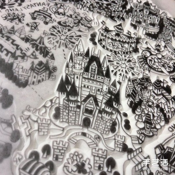 Reduce the entire Tokyo Disneyland directly into a detailed rubber stamp