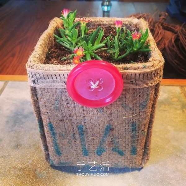 Use burlap from milk carton waste into succulent plant pots