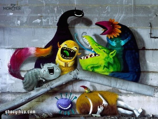 Monsters are not scary! Cute abandoned warehouse monster graffiti art