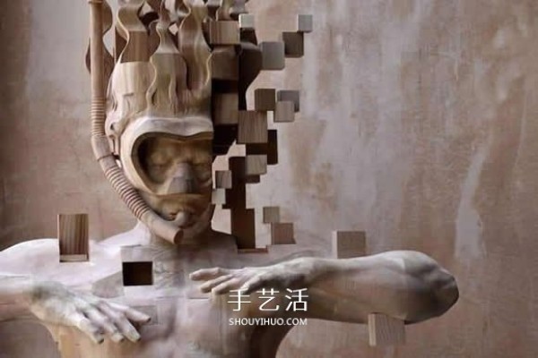 The wooden man is pixelated! The combination of traditional wood carving and digital elements