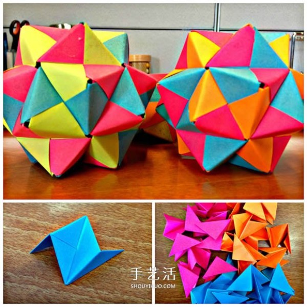 Illustrations of folding origami icosahedron, beautiful desktop decoration! 