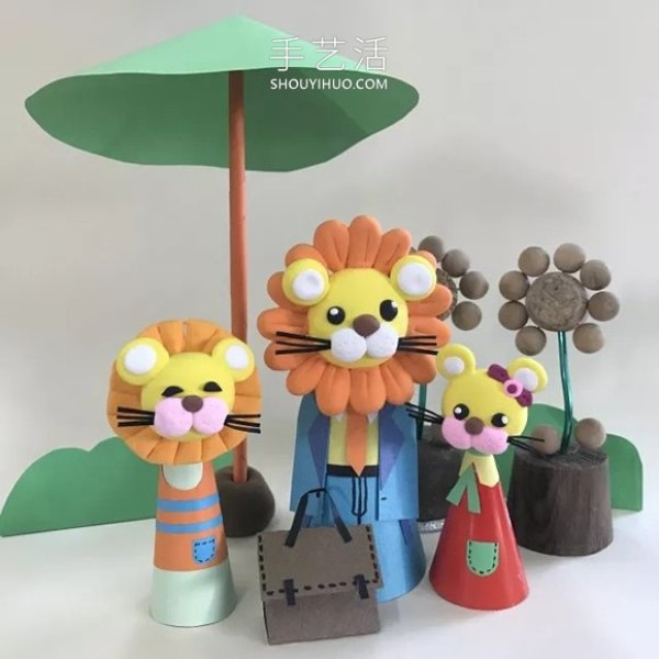 Pictures of steps for making a family of plasticine lions