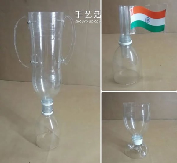 Mineral water bottles are used to make hand-made trophies, flags and wine glasses