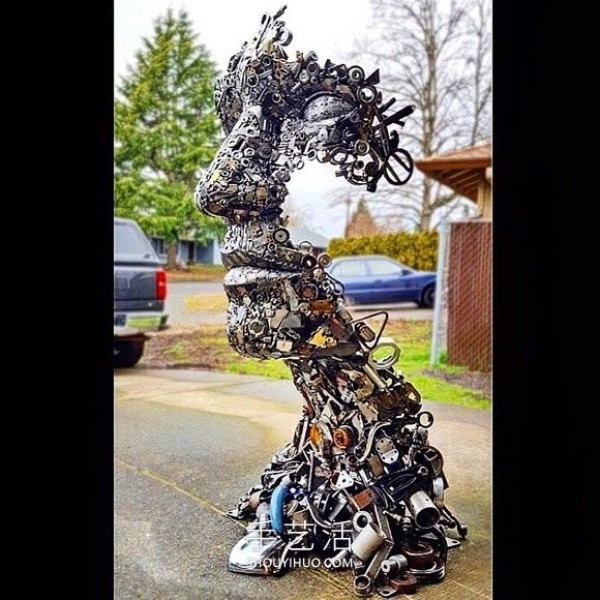 Reusing scrap metal such as bolts to make life-size animal sculptures