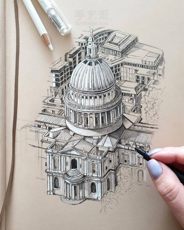 Self-taught artist sketches precise and detailed architectural drawings