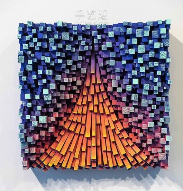 Vibrant pixelated wood carvings show the depth of the human soul