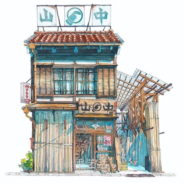 Fantasy Japanese storefront! Fictional watercolor painting by Polish animator