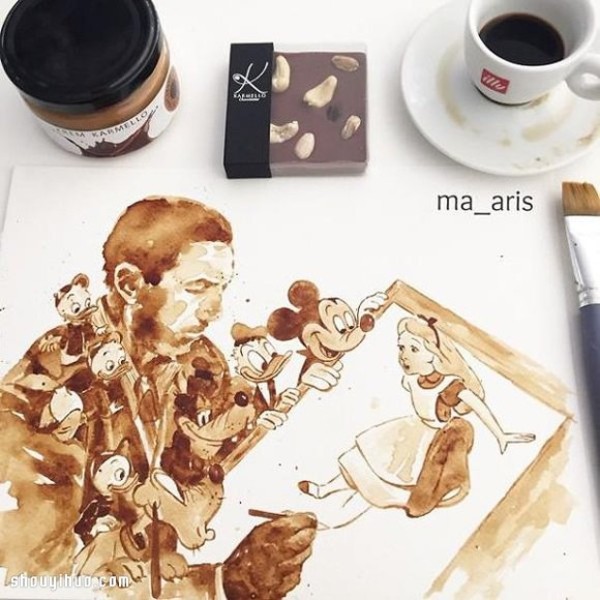 Coffee painting! Hand-painted movie characters with different shades of coffee