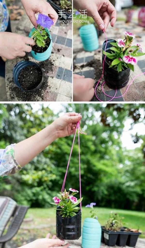 Illustrated tutorial on how to make your own hanging plastic bottle flowerpot