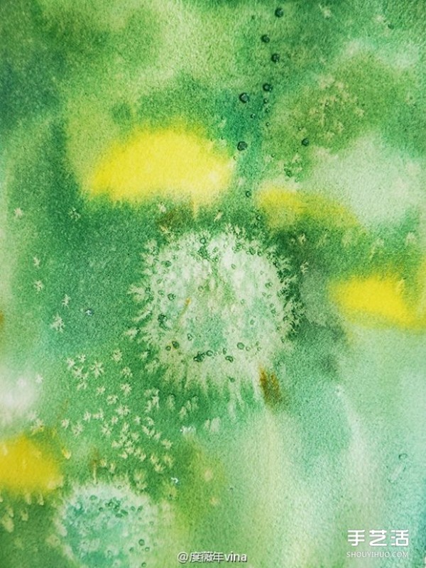 The works of dandelions painted with salt and watercolor have the texture of oil paintings