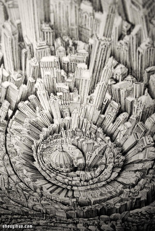 Ben Sack uses a syringe pen to draw a fantasy world like an alien city