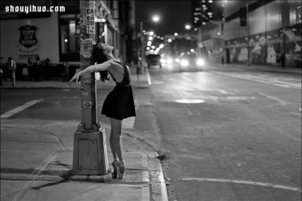 The graceful ballet postures outside the pointe art stage under the camera