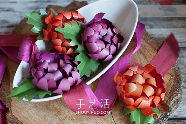 Illustrated tutorial on how to make homemade chrysanthemums on cardboard