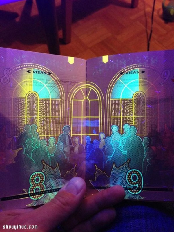 The super gorgeous picture of Canadian passport after being illuminated by ultraviolet light