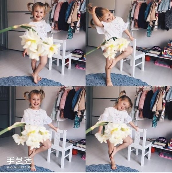 Creative childrens photo: The little girl puts on the cute fruit and vegetable dress made by her mother