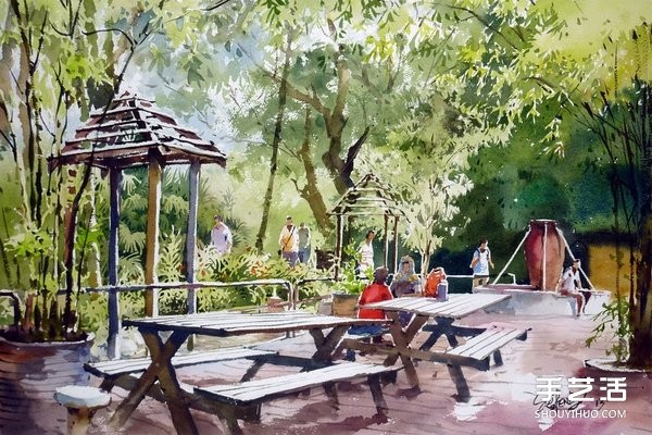 Pictures of landscape watercolor paintings by Malaysian painter Guo Shaopeng