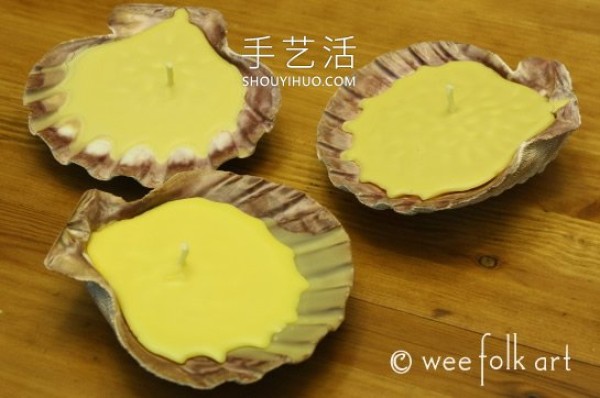 Illustrated tutorial on how to make simple homemade shell beeswax candles