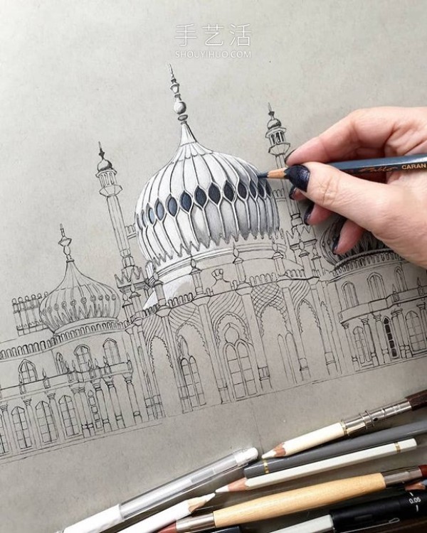 Self-taught artist sketches precise and detailed architectural drawings